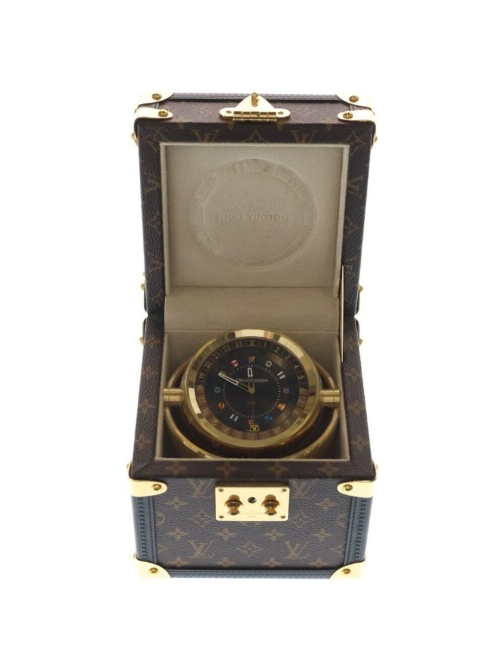 Louis Vuitton Tambour Dual Time Table Clock Trunk Gold Brown Dial SS Quartz